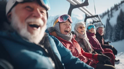 Fotobehang Group of seniors enjoying a scenic gondola ride in a snowy mountain resort, elderly people, winter trip, blurred background © Катерина Євтехова
