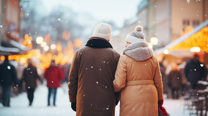 Elderly couple bundled up in warm winter gear walking through a snowy town, elderly people, winter...