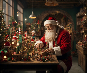 Santa Claus is making gifts in his workshop