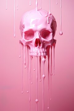 Human Skull With Dripping Pink Paint. Generative Ai