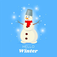 Vector illustration. Winter card with cute snowman in bowler hat, and inscription hello winter. Festive template for poster, banner, greeting card, invitation for New Year and Christmas.