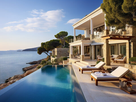 A stunning Mediterranean villa with a breathtaking view of the sea, photographed on a sunny day.