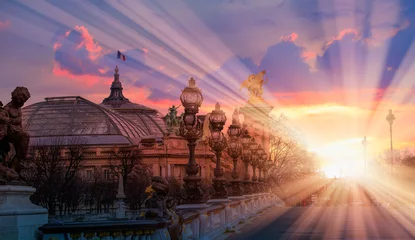 Photo sur Plexiglas Vieil immeuble Alexandre III Bridge at amazing sunset - Paris, France