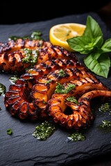 Grilled Octopus served on the wooden board. Ai generative
