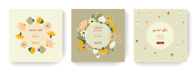 Pastel abstract square templates with floral and geometric elements. Autumn sales templates with flowers. Use it in social networks, mobile applications, banner design and advertising on the Internet.