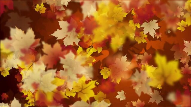 Autumn painted abstract background with swirling yellow and green maple tree leaves. Flat looped animation on a brown background.