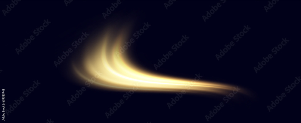 Aufkleber Golden glowing swirl. The effect of moving at the speed of light. Easy trail. Shiny wavy path. Vector.Neon light.