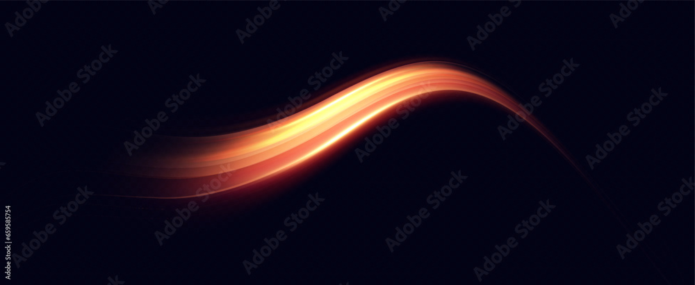 Aufkleber Golden glowing swirl. The effect of moving at the speed of light. Easy trail. Shiny wavy path. Vector.Neon light.