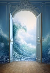 Doorframe with Entrance to an Ocean. Room with Waves .