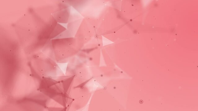 Red pink gradient background with plexus lines, triangles. Fantastic abstract technological animated wallpaper with dots and flying particles. Looped motion graphics.