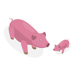 3D Isometric Flat Vector Set of Farm Animal Families, Domestic Children and Parents. Item 5