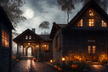 Old house and the street in the night at Halloween holiday.
