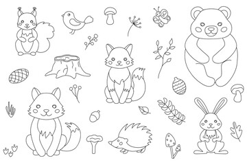 Vector illustration with cute forest animals in the style of linart.
