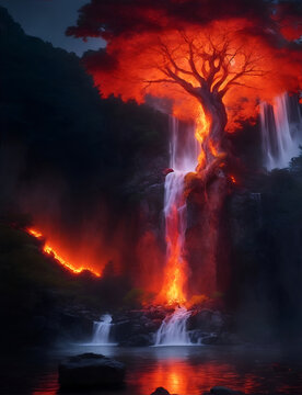 It is an active volcano with a dark night, amazing trees, and a dark sun surrounding green.