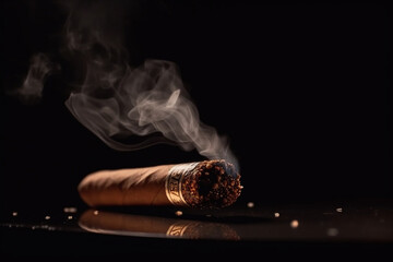 Cuban cigar with smoke, close up view with details, atmospheric light and background. generative AI