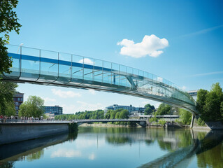 A sleek, contemporary glass and steel bridge elegantly stretches across a flowing river.