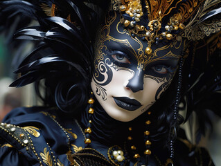 person in a luxurious Venetian mask in black and gold tones