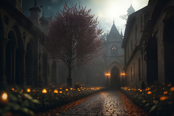 Old house and the street in the night at Halloween holiday.
