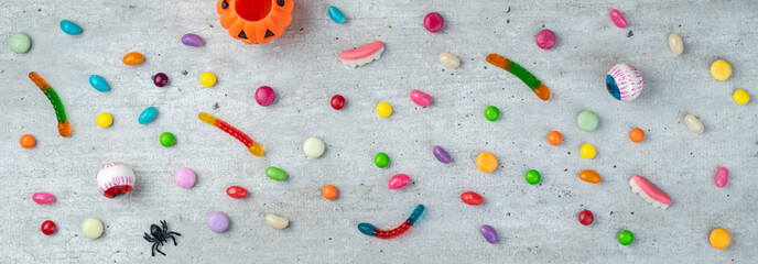 Closeup top view of colorful candies. Candy backdrop