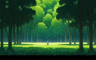 Green quiet woods illustration background,created with Generative AI tecnology.