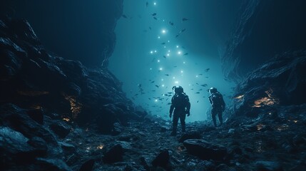 People Hiking in an Mystichal After War Cave with Magic al and Dangerous Blue Crystals.