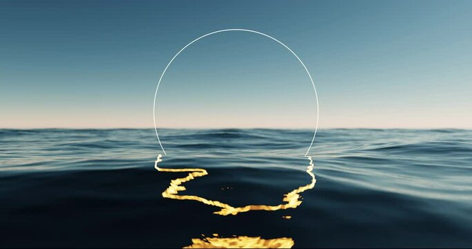 Wave sea beach with light circle and sunset sky abstract background. Nature summer and product presentation concept. 3d render.	