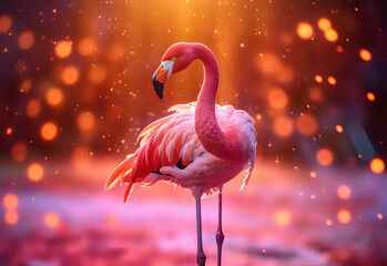 Bokeh portrait of a flamingo in the background of blured lights. AI.