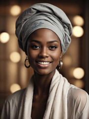 Beautiful young African girl in bathrobe with towel on her head as she leaves the bathroom