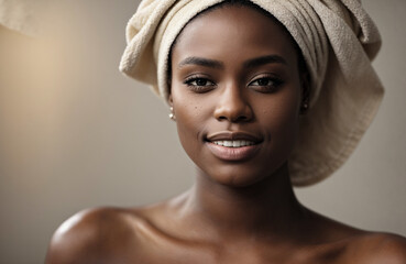 Beautiful young African girl with towel on her head after leaving the bathroom