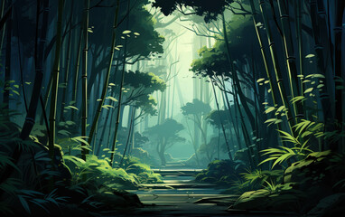 Bamboo forest illustration in the valley,created with Generative AI tecnology.