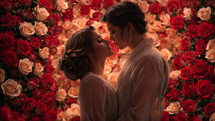 beautiful couple of women celebrated their love on a rose background