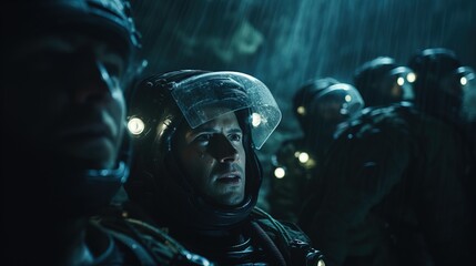 Fototapeta premium People Hiking in an Mystichal After War Cave with Magic al and Dangerous Blue Crystals.