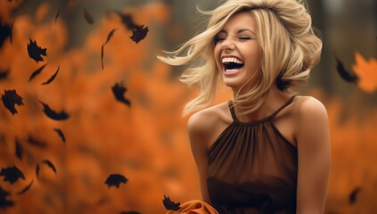 Naklejka premium cheerful blonde woman laughing outdoors
