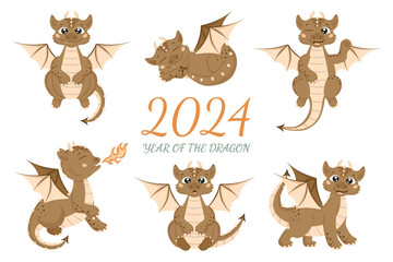 Fototapeta premium Christmas set in cartoon style. Cute dragons in different poses. Little dinosaurs.