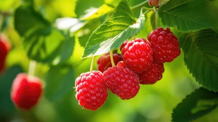 Celebrate the season's bounty with an inviting photograph of a raspberry-laden branch against a backdrop of luscious green leaves, showcasing nature's vibrant colors