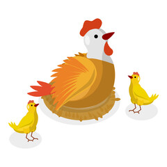 3D Isometric Flat Vector Set of Chickens, Cute Farm Animals. Item 2