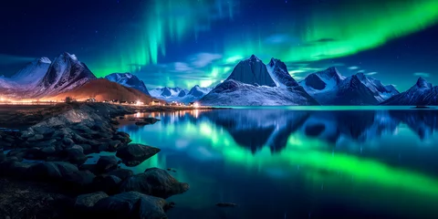 Zelfklevend Fotobehang Noorderlicht Amazing view of northen lights in Norway. Beutiful sky and reflection. Breathing mountain view in winter. AI generated image.