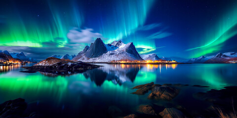 Amazing view of northen lights in Norway. Beutiful sky and reflection. Breathing mountain view in winter. AI generated image. - obrazy, fototapety, plakaty
