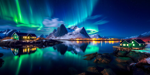 Amazing view of northen lights in Norway. Beutiful sky and reflection. Breathing mountain view in winter. AI generated image. - 659590338