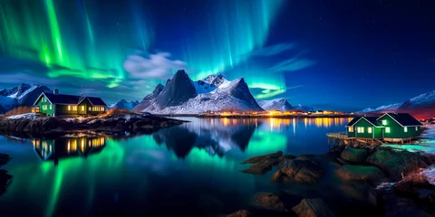 Papier Peint photo Noir Amazing view of northen lights in Norway. Beutiful sky and reflection. Breathing mountain view in winter. AI generated image.