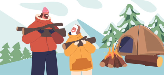 Father and Son Collecting Brushwood During Winter Camping Adventure. Characters Spending Cozy Family Time