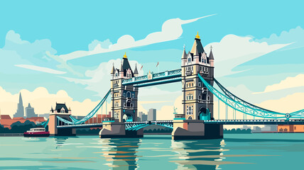 simple flat 2D illustration, vector illustration, simple colors, tower bridge in London. Touristic site in the heart of the capital city London in the united kingdom. Famous tourist attraction. Suspen - obrazy, fototapety, plakaty
