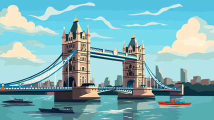 simple flat 2D illustration, vector illustration, simple colors, tower bridge in London. Touristic site in the heart of the capital city London in the united kingdom. Famous tourist attraction. Suspen