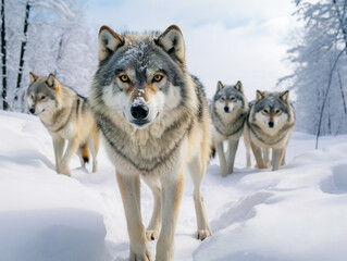 A beautiful pack of wolves roaming gracefully in a serene snowy landscape in vintage style.