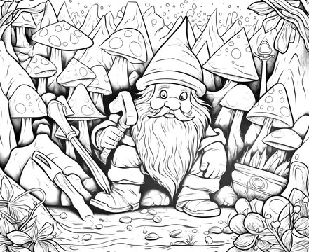 Coloring book, adorable gnomes in cartoon style.