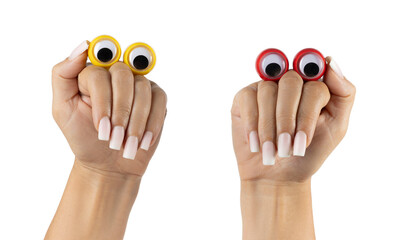 Adult female hands with long square ombre manicured nails, with beady eyes making funny meme gestures. Isolated on a white background.