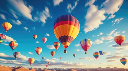 Colorful hot air balloon festival, Balloons ascending into a sky. - obrazy, fototapety, plakaty