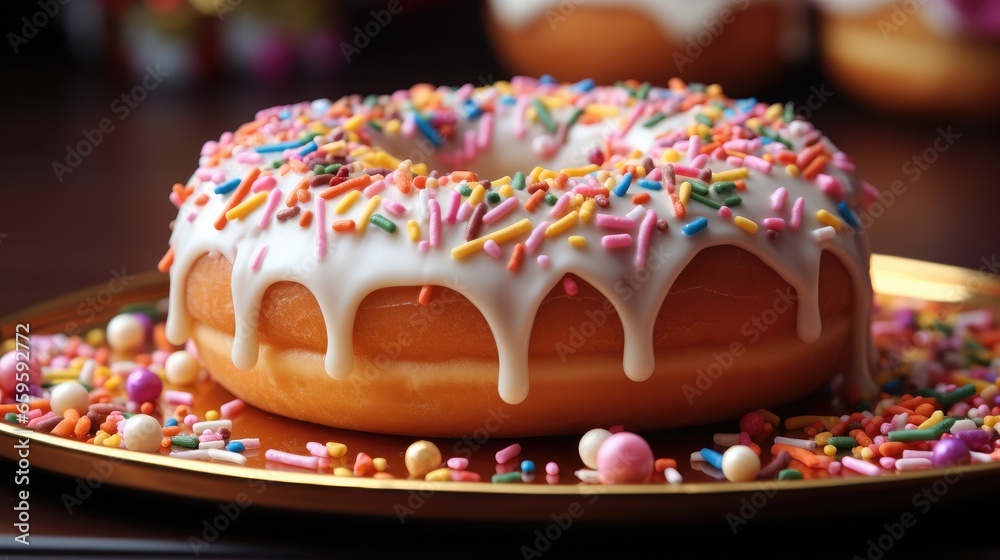 Poster A delicious doughnut is sitting in a box covered in sprinkles and icing.