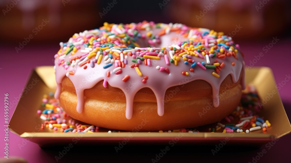 Poster A delicious doughnut is sitting in a box covered in sprinkles and icing.