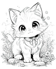 Black and white illustration for coloring animals, cat.